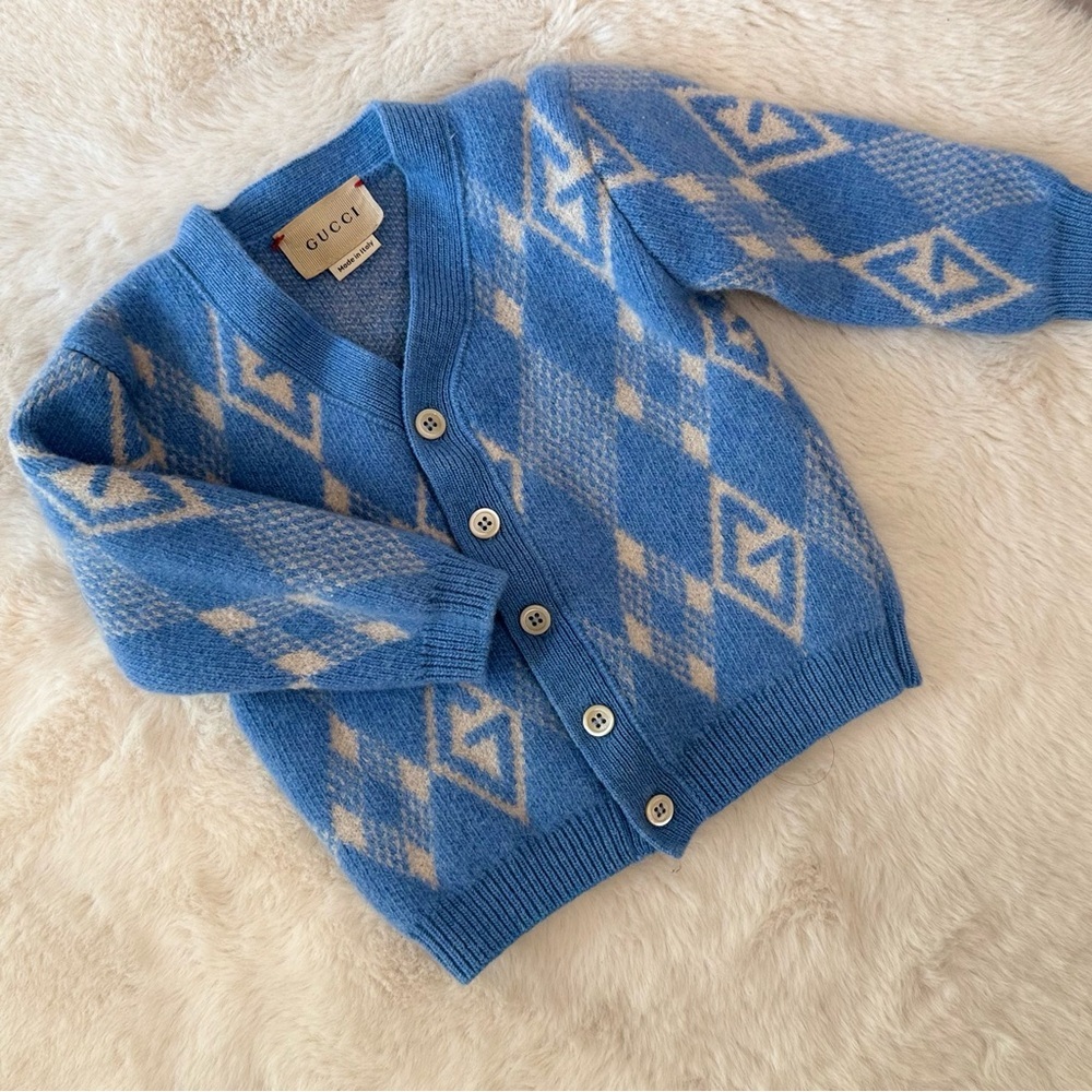New Without Tag Gucci Kids V-Neck G Diamond Long Sleeved Cardigan